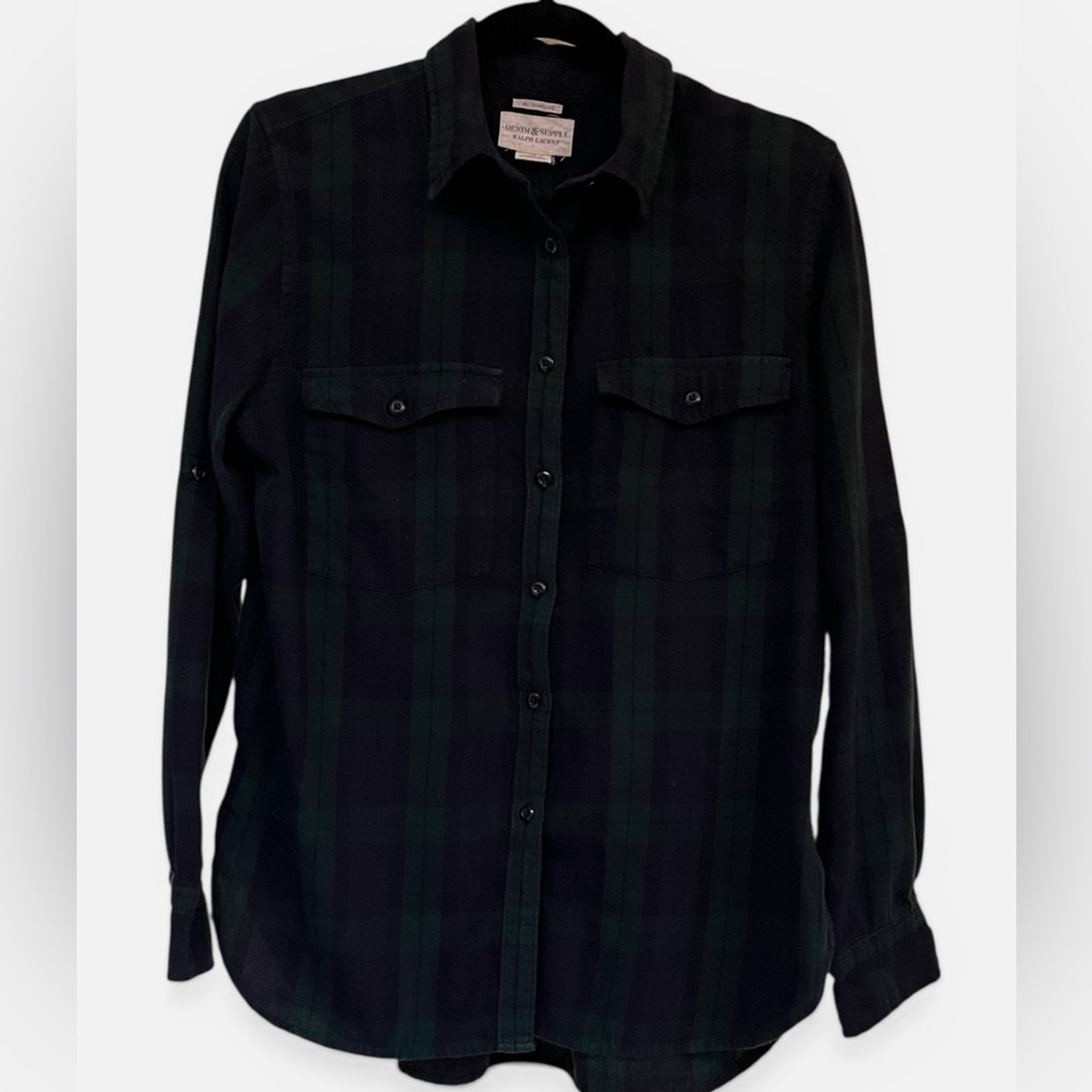 Vintage Ralph Lauren Dark Plaid Button Shirt Relaxed Boyfriend Cotton Preppy